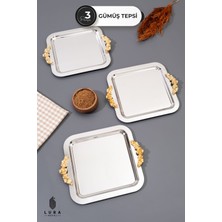 3'lü Güllü Gümüş Krom Kahve Sunum Seti, Renkli ve Şık, 22 cm