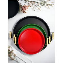 3'lü Metal Tepsi Seti, Ahşap Kulplu, 45-37-30 Cm, Siyah, Şık ve Kullanışlı