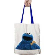 Mavi Kulplu Kurabiye Canavarı Kırpık Yıkanabilir Omuz Çanta