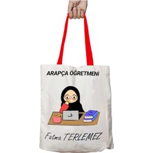 Kırmızı Kulplu Kişiye Özel Arapça Öğretmeni Elif Ba Yıkanabilir Omuz Çanta