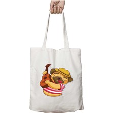 Pug Serenat Gitar Iki Tarafı Kalıcı Baskılı Yıkanabilir Okul Plaj Omuz Bez Çantası