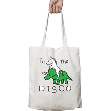 To The Disco (Unicorn Riding Triceratops) Iki Tarafı Kalıcı Baskılı Yıkanabilir Çanta