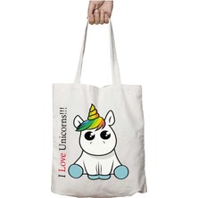 I Love Unicorn Iki Taraf Kalıcı Yıkanabilir Okul Plaj Omuz Bez Çanta