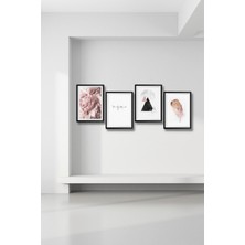 4'lü Ahşap Tablo Seti, Pembe Çiçek, Salon ve Yatak Odası Için, 60X20 cm