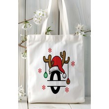 O Harfi Yeniyıl Hediye Noel Christmas Baskılı Bez Omuz Çantası Çift Taraflı Kişiye Özel Model 17