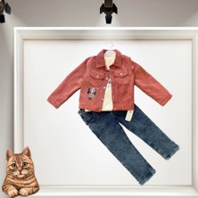 3-4-5 Yaş Fitilli Kadife Ceket Kot Pantolonlu 3lü Kız Erkek Çocuk Takımı Gül Kurusu