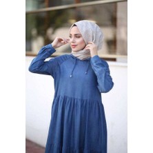 6531-DENIM Kapşonlu Reglan Kollu Elbise Koyu Mavi