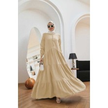 6646- Parça Boya Tensel  Britli Düğmeli Büzgülü Elbise Bej