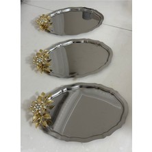 3'lü Çelik Oval Papatya Taşlı Servis ve Sunum Tepsisi Seti