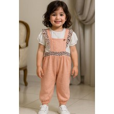 Miniğimin Cicileri Leopar Detaylı Çilek Düğmeli Kız Bebe müslin takım - Somon