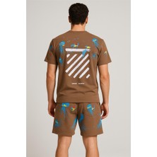Off White Şort + Tişört Takım (Deniz Baskılı) Kahverengi