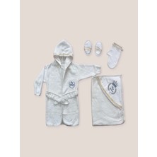 0-6 Ay Kaplan Nakışlı Bornozlu 5li Erkek Bebek Havlu Silgi Takımı Mavi