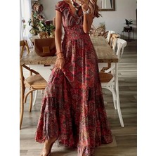 Gökyüzü Moda Kadın Kısa Kollu Kruvaze Yakalı Desenli Maksi Boy Süprem Elbise