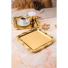 2'li Lüx Gold Döküm Gül Çerçeveli Kare Nişan, Çeyiz, Kahve, Çay Servis Tepsisi
