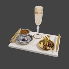 Beyaz Sunum Tepsisi, Çay & Kahve Servis, Gold Detaylar, Şık ve Zarif Tasarım
