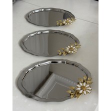 3'lü Büyük Papatyalı Oval Çelik Servis ve Sunum Tepsisi Seti