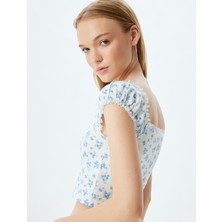 Koton Crop Üst Fırfırlı Kısa Kollu Mavi Çiçek Desenli Kare Yaka Slim Fit Kumaş