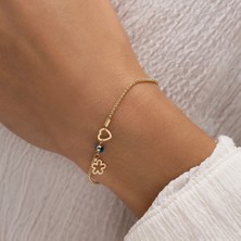 Minimal Charm Çiçek ve Kalp Altın Bileklik