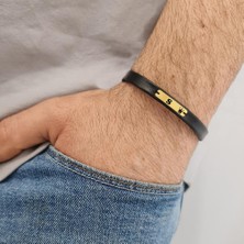 14 Ayar Plakalı Altın S Harfine Özel Hakiki Siyah Derili Taç Motifli Hediye BILEKLIK-581HARF