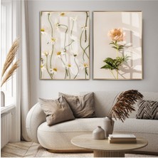 Harikabirev Harikabirev|papatya ve Şakayık Çiçeği Kombini |çerçeveli Cam Tablo 2li Dikey