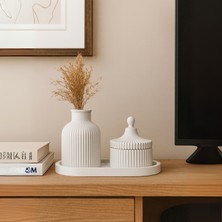 Nevhan Sanat 3’lü El Yapımı Vazo ve Mumluk Seti – Beyaz Tepsili Minimalist Dekor – Modern Ev & Ofis Aksesu