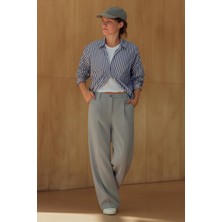 Hak Yüksek Bel Dikiş Detaylı Geniş Paça Kumaş Pantolon Kadın XL Cepli Gri Dokuma Malzeme