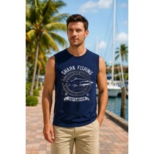 Erkek %100 Pamuk Bisiklet Yaka Shark Baskılı Kolsuz T-Shirt