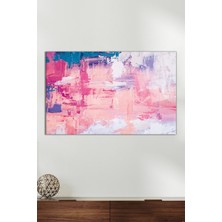 Yağlı Boya Darbeli Mavi Pembe Desenli Yatay Cam Tablo, Modern Ev Dekoru, Hediyelik Duvar Dekorasyonu