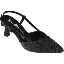 Yazkış Kadın Siyah Laci Ten Gümüş Sivri Burun Üstü Taşlı 8cm Kadeh Topuk Abiye Ayakkabı