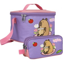 Capybara Kız Çocuk Isı Yalıtımlı Beslenme Çantası ve Kalem Çantası Seti - Mor/pembe - SETCPB5234
