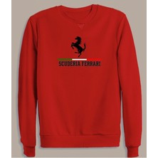 Scuderia Ferrari Baskılı Kırmızı Bisiklet Yaka Düz Sweatshirt