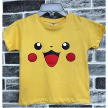 Sarı Pika Pika Pikachu Yüzü Baskılı Çocuk Tişört