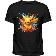 Pokemon Karakterlerinden Pikachu Baskılı Renkli Boyalar Pamuklu Çocuk Tshirt