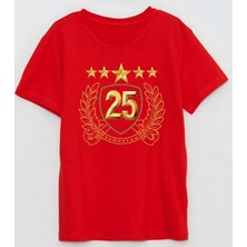 Zeytin Dalı ve Yapraklı 25. Şampiyon 5 Yıldız Kupa Baskılı Pamuklu Yetişkin T-Shirt