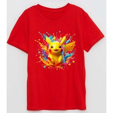 Pokemon Karakterlerinden Pikachu Baskılı Renkli Boyalar Pamuklu Çocuk Tshirt
