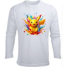 Uzun Kollu Pikachu Pokemon Renkli Arkafon Baskılı Renkli Pamuklu Çocuk Tişört