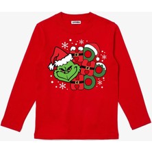 Uzun Kollu Ho Ho Ho Grinch Baskılı Christmas Baskılı Yenil Yıl Çocuk Pamuklu Tişört