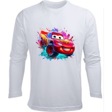 Uzun Kollu Şimşek Mcqueen Renkli Arkafon Baskılı Renkli Pamuklu Çocuk Tişört