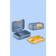 Gri 2 Katlı Beslenme Kutusu, 5 Bölmeli, Kendinden Kaşıklı, Çatallı, Bıçaklı