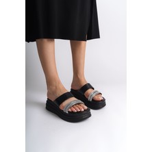 Sarah Düz Topuklu Taşlı Şeritli Kalın ve Ortopedik Taban Kadın Terlik Cst - Siyah