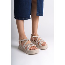 Elena Lastikli Taşlı Şeritli Ortopedik Taban Kadın Sandalet  Ckt - Krem