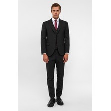 Süvari Siyah Slim Fit Desenli Sivri Yaka 6 Drop Yelekli Takım Elbise Erkekler İçin Şık Seçim