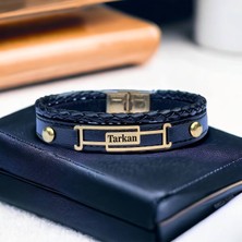 14 Ayar Plakalı Altın Tarkan Ismine Özel Dikdörtgen Motifli Siyah Derili Hediye BILEKLIK-591ISIM