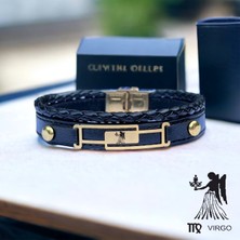 Altın Plakalı 14 Ayar Başak Burçlarına Siyah Derili Dikdörtgen Motifli Hediye BILEKLIK-591BURÇ