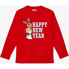 Efendioğlu Design Uzun Kollu Happy New Year Baskılı Kırmızı Çocuk Tişört %95 Pamuk Erkek Çocuk İçin Regular Kesim