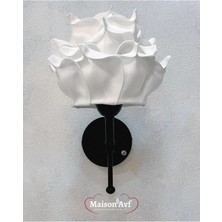 Beyaz Eva Gül Tasarım Kablosuz Pilli Aplik - Alt Siyah (Tüm Boy 35 Cm)