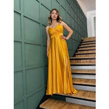 Ayhan Ince Askılı Yırtmaçlı Saten Uzun Abiye