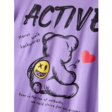 Erkek Lila Arkası Active Ayıcık Baskılı Bisiklet Yaka T-Shirt