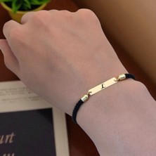 14 Ayar Plakalı Altın L Harfine Özel Siyah Örgü Ipli Dikdörtgen Figürlü Hediye BILEKLIK-555HARF