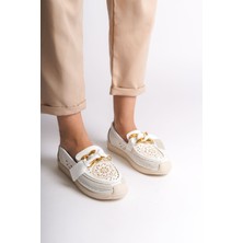 Lydıa Bağcıksız Ortopedik Rahat Taban Çiçek Desenli Kadın Babet Ayakkabı  Ckt - Beyaz